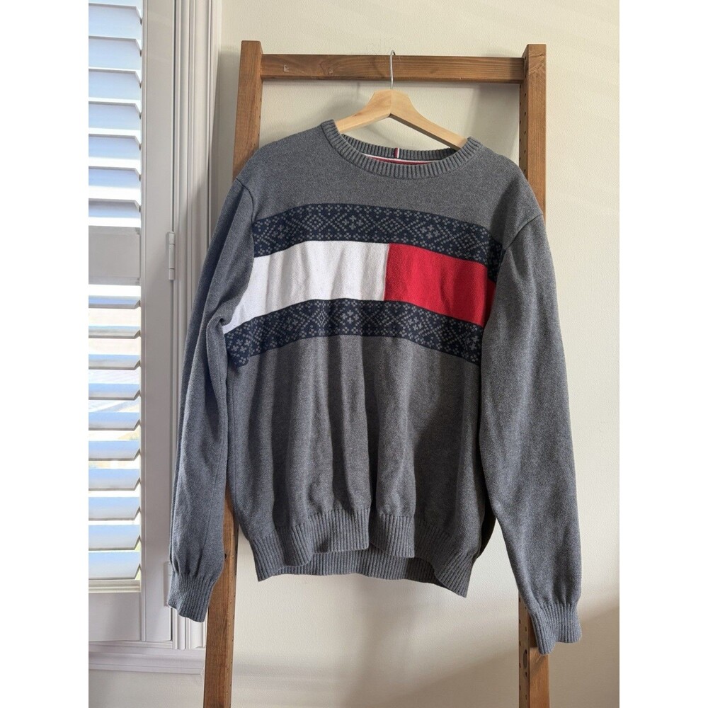 Y2K Tommy Hilfiger Mens 2XL Logo Knit Cotton Crewneck Sweater Pullover